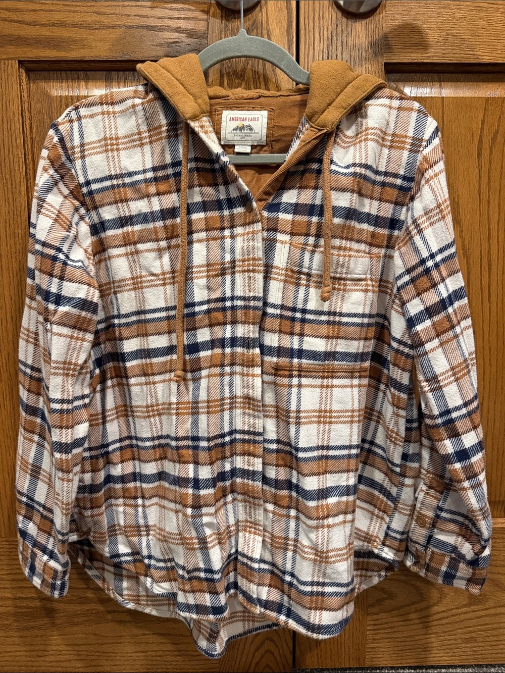 American Eagle Hooded Flannel Shirt Long Sleeve Plaid Small